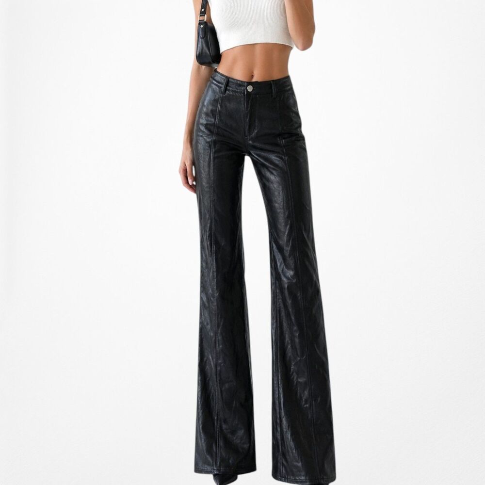 Vintage Y2K 90s Black Faux Leather High Waisted Boot Cut Pants Size S